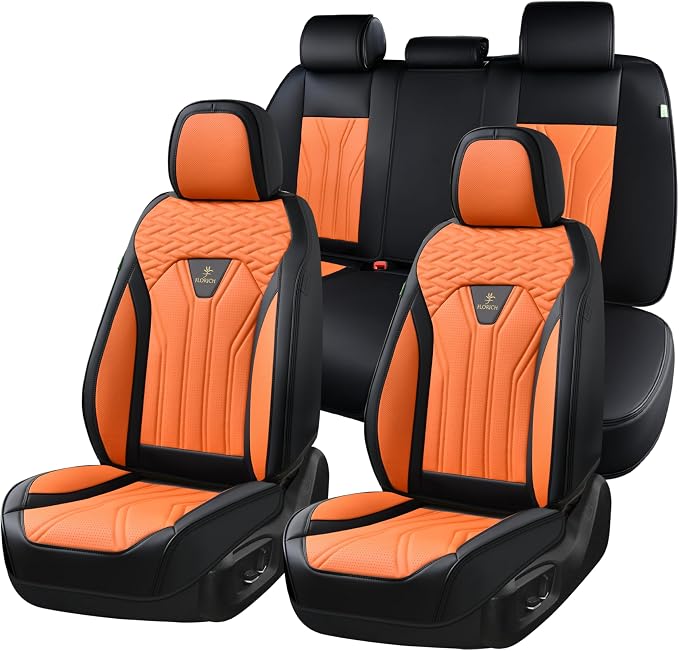 Leather Seat Covers, Car Seat Covers Full Set, Car Seat Protectors 5 Seats, Automotive Seat Covers Driver Seat Covers Fit for Most Cars Trucks SUV-Black&Orange by FLORICH