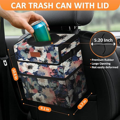 Vankor Car Trash Can with Lid Leak Proof Car Accessories for Women | 2.2 Gallon Cute Hanging Car Trash Bin for Men Car Truck Vehicle Sedan SUV Interior Automotive Garbage Cans, Floral - Image 2