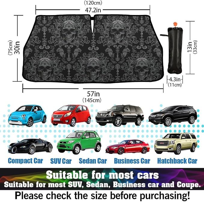 Socira Gothic Skull Car Windshield Sunshade Umbrella Foldable | Umbrella Sun Shade Windshield Cover Sunshade Skull Accessories Blocks Uv Rays Keeps Cool (57" X 30") - Image 3