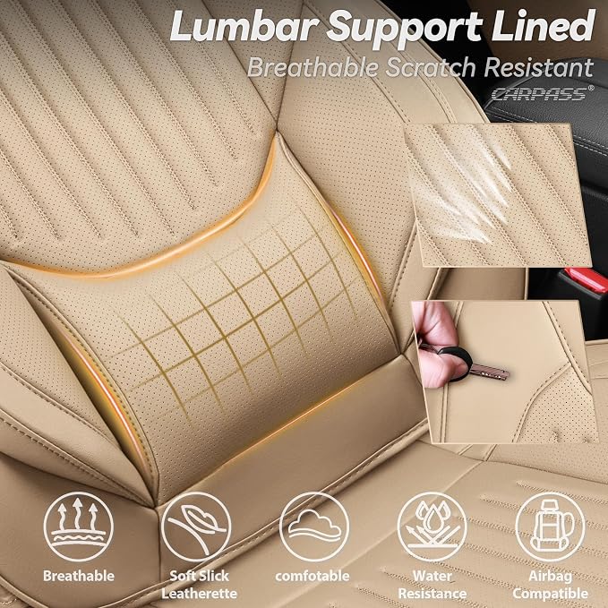 CAR PASS Luxury Nappa Leather Car Seat Covers Full Set, Lumbar Support Seat Covers for Car 5 Seats, Waterproof Car Seat Protector, Automotive Seat Covers Universal Fit for Most Sedans SUV Trucks Beige - Image 6