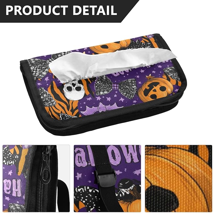 Car Tissue Holder Car Napkin Holder Car Tissue Box Dispenser Storage Case Sun Visor Mask Holder with Adjustable Straps Reusable Refillable Halloween Tiger Stripe Purple Orange - Image 3