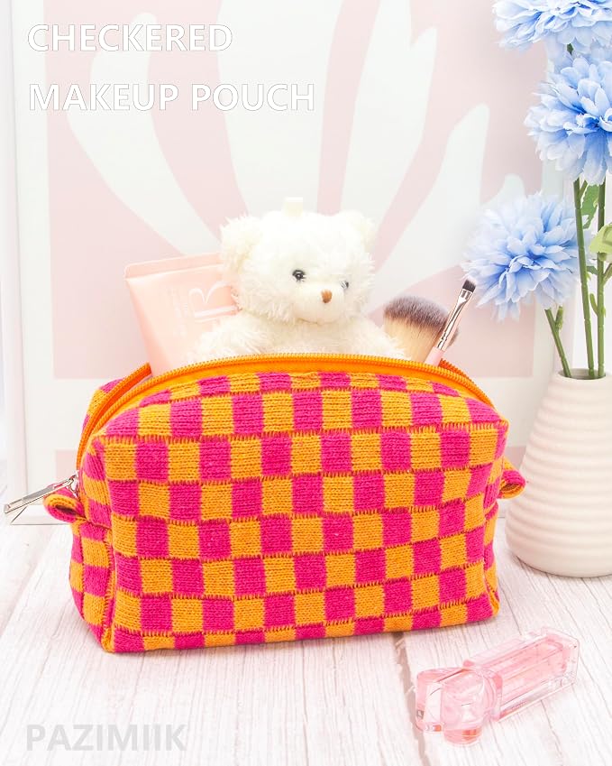 Checkered Makeup Bag for Purse, Small Travel Cosmetic Pouch,Red Orange | Cute Zipper Makeup Organizer for Women, Travel Essentials, Toiletries, Makeup Brushes, Beauty Accessories&Bridesmaid Gifts - Image 2