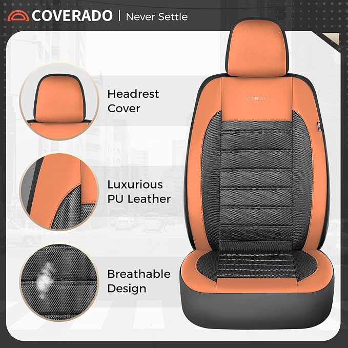 Coverado Car Seat Covers Front Seat, Luxury Leather Car Seat Protector, Automotive Front Mesh Seat Covers, Orange&Black Seat Cushion for SUV Sedan Truck - Image 5