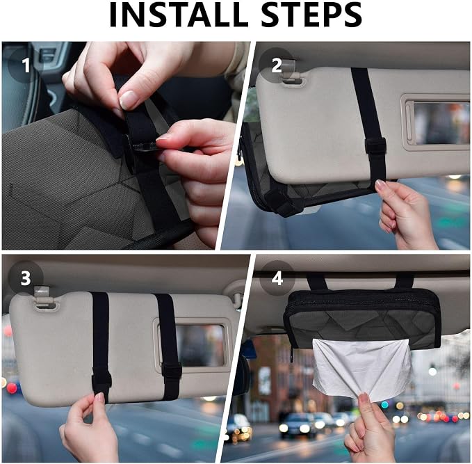 Car Tissue Holder Car Napkin Holder Car Tissue Box Dispenser Storage Case Sun Visor Mask Holder with Adjustable Straps Reusable Refillable Black Geometric Polygon - Image 5