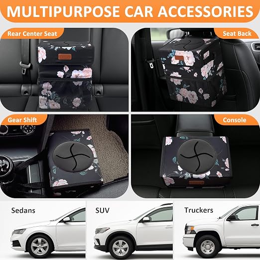 Vankor Car Trash Can with Lid Leak Proof Car Accessories for Women | 3 Gallon Cute Hanging Car Trash Bin for Men Car Truck Vehicle Sedan Interior Automotive Garbage Cans, Black Floral - Image 5