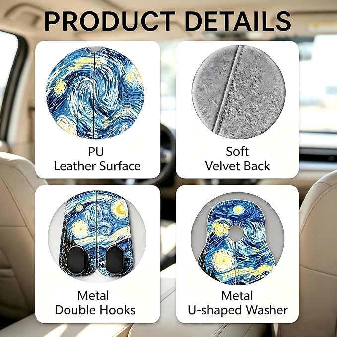Car Seat Back Headrest Hooks - 2 Pack, The Starry Night Pattern Purse Hook for Car, Metal Leather Multifunctional Auto Hanger Organizer for Bags Water Bottles Phones - Image 3