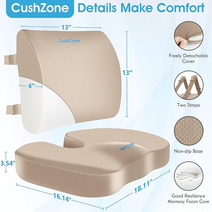 CushZone X-Large Seat Cushion and Lumbar Support Pillow for Office, Khaki | Thick Memory Foam for Sciatica Pain Relief & Posture Correction, Non-Slip Chair Cushions for Car, Wheelchair and Travel - Image 6