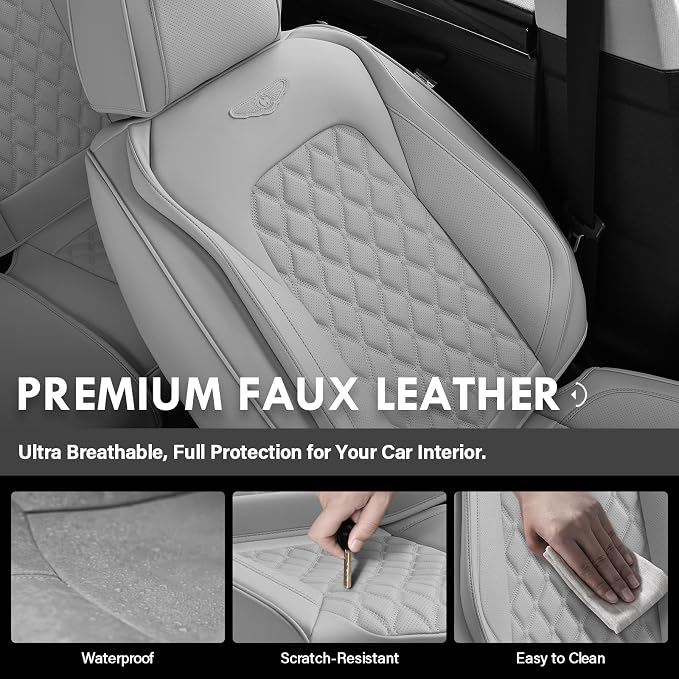 Coverado Full Set Car Seat Covers, Luxury Faux Leather Waterproof Seat Covers, Gray Car Seat Protectors, Universal Fit, Leather Seat Cushions for Cars-Gray - Image 6