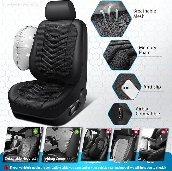 CAR PASS 3D Foam Mesh Leather Seat Covers Front Seats, Breathable Two Front Seat Cover for Cars, Comfortable Universal Fit for SUV Truck Sedan Automotive Anti-Slip Airbag Compatible, All Black - Image 3