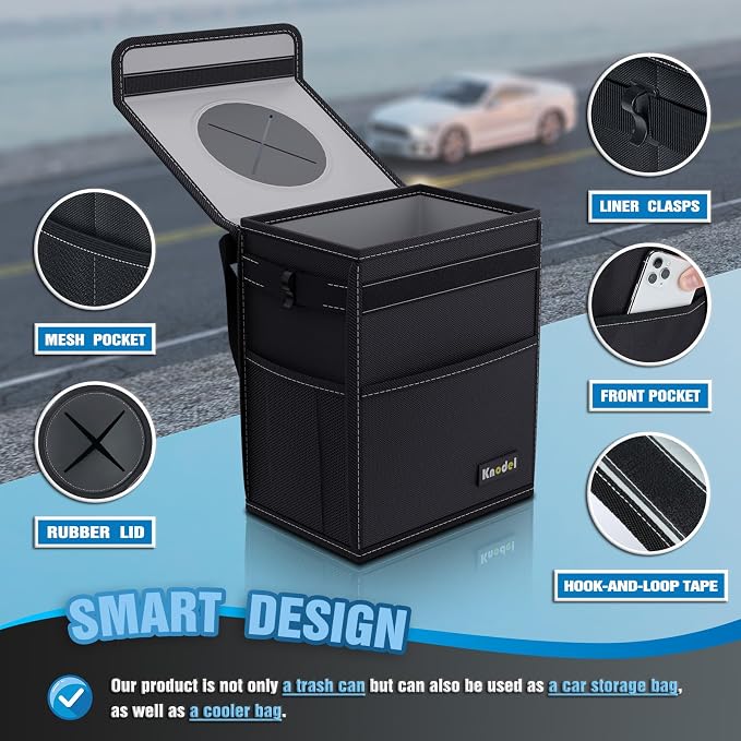 K KNODEL Car Trash Can with Lid, Car Garbage, Bin and Bag (Large, Black) | Waterproof Car Garbage Can with Liner, Hanging Trash Bag for Car, Suv, Van, Truck - Image 3
