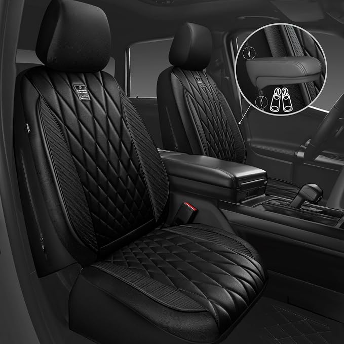 CAR PASS Piping Luxury Faux PU Leather Two Front Car Seat Covers, Waterproof Anti Slip Seat Covers Compatible with Front Seat Armrests,Universal Fit for Suvs,Vans,Trucks, Airbag Compatible(All Black) - Image 6