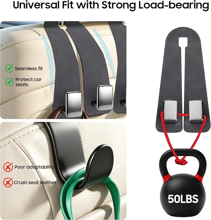 Amooca Car Headrest Hooks 4-Pack Suede Seat Organizer with Metal Core | Universal Fit, Double-hook Design, Backseat Storage for Backpack Umbrella Water Bottle Coat Purses Handbags Groceries, Gray - Image 5