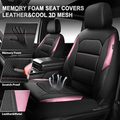 CAR PASS Memory 3D Foam Car Seat Covers Full Set, Breathable Mesh Thick Seat Covers for Car, Pink Metal Film Leather Seat Covers, Universal Automotive Comfort for SUVs Trucks, Black Pink - Image 3