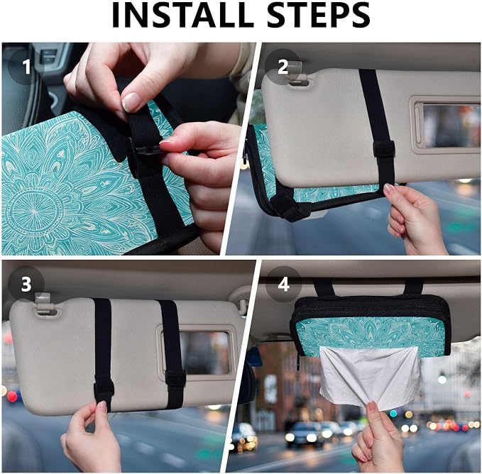 Car Tissue Holder Car Napkin Holder Tissue Box Dispenser Storage Case Sun Visor Mask Holder Accessories with Adjustable Straps Reusable Refillable Vintage Turquoise Mandala - Image 5