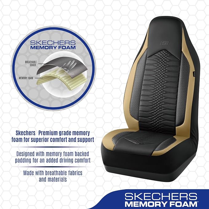 Skechers Memory Foam Car Seat Covers, Leather High Back Seat Covers Quilting Design,Waterproof Sports Car Seat Covers Full Sets,Airbag Compatible, Universal Fit for Most Cars, SUVs,Trucks,Beige - Image 4