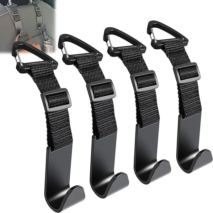 Amooca 4 Pack Anti-drop Headrest Hooks Adjustable Car Seat Organizer | Universal Fit with Clip, Hanger for Backpack Umbrella Water Bottle Coat Purses Handbags Groceries, 40lb Heavy Duty, Black by Amooca