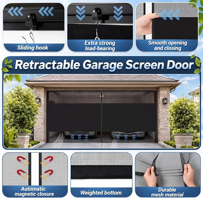 Frienda 16 x 7 ft Sliding Privacy Garage Door Screen 2 Car with Track Closure Retractable Magnetic Closure Heavy Duty Weighted Bottom Door Privacy Protection Curtain Keep Animals Out for Summer Garage - Image 4