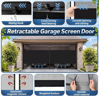 Frienda 16 x 7 ft Sliding Privacy Garage Door Screen 2 Car with Track Closure Retractable Magnetic Closure Heavy Duty Weighted Bottom Door Privacy Protection Curtain Keep Animals Out for Summer Garage - Image 4