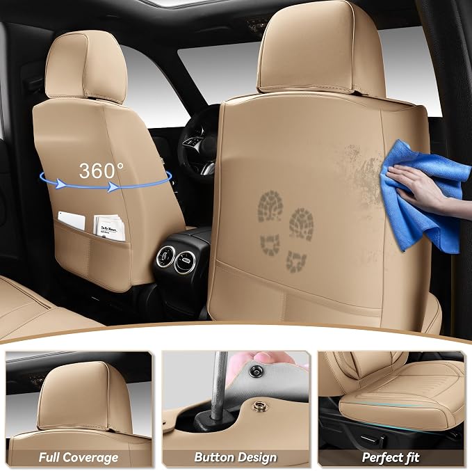 CAR PASS Luxury Nappa Leather Car Seat Covers Full Set, Lumbar Support Seat Covers for Car 5 Seats, Waterproof Car Seat Protector, Automotive Seat Covers Universal Fit for Most Sedans SUV Trucks Beige - Image 4