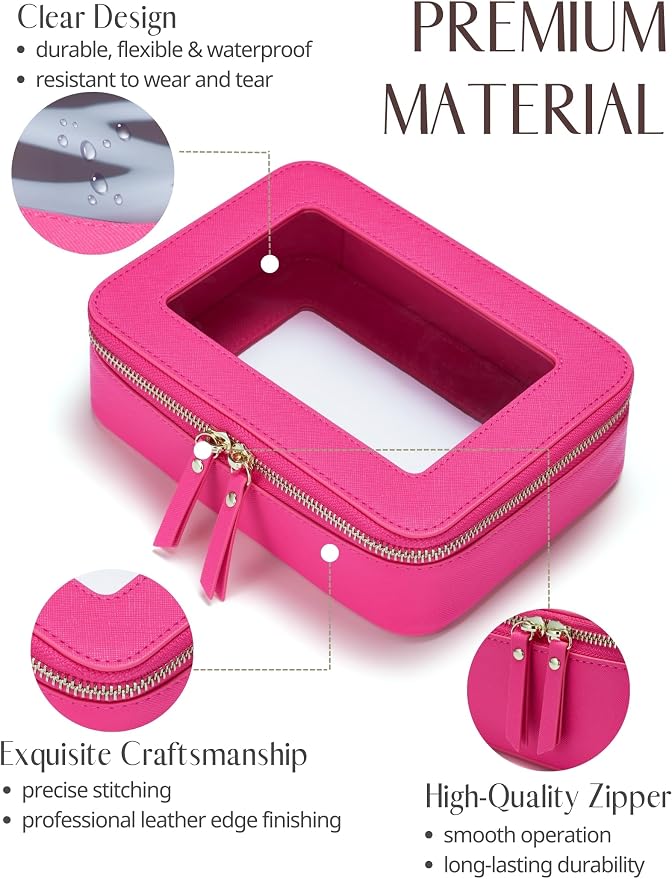 Clear Makeup Bag Travel Cosmetic Case Transparent Toiletry Bag with Zipper, Portable Make Up Organizer Traveling Compact Car Bag for Essentials, Hotpink, Medium and Large - Image 2