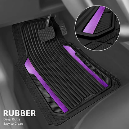 CAR PASS Heavy Duty Rubber Car Mats Metallic,Aluminum Film All Weather Floor Mats Waterproof Universal Trim to Fit SUVs Sedans Vans 4 Piece Anodized Deep Dish Two-Tone Sporty Black Purple Chrome - Image 2
