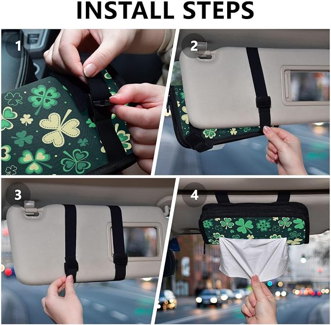 Car Tissue Holder Car Napkin Holder Car Tissue Box Dispenser Storage Case Sun Visor Mask Holder with Adjustable Straps Reusable Refillable Green Clover Leaves - Image 5
