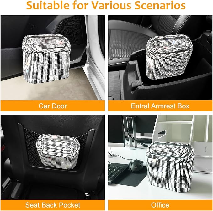 Accmor Bling Car Trash Can with 30pcs Garbage Bags, Vehicle Trash Bin with Lid Auto Dustbin Organizer Garbage Storage, Sparkling Crystal Mini Trash Container Holder - Image 6