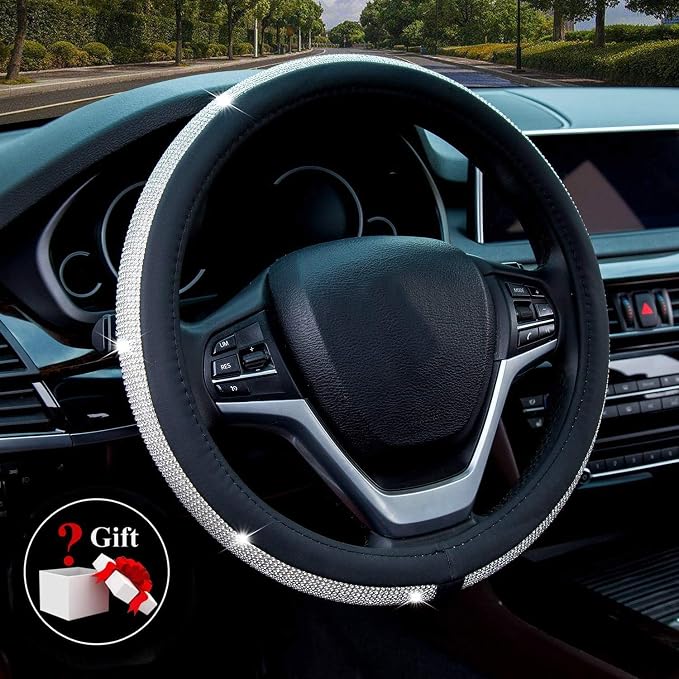 New Diamond Leather Steering Wheel Cover with Bling Crystal Rhinestones | Large-Size of 15 1/2 inches-16 inches Black - Image 2