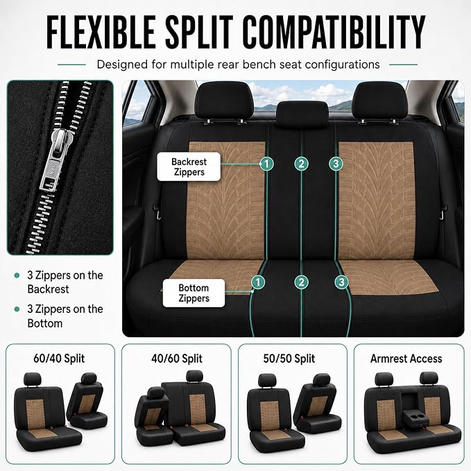 FH Group Car Seat Covers Full Set Premium Cloth - Universal Fit, Automotive, Low Back Front Washable Seat Covers, Airbag Compatible, Split Bench Rear Seat for SUV, Sedan Beige - Image 6