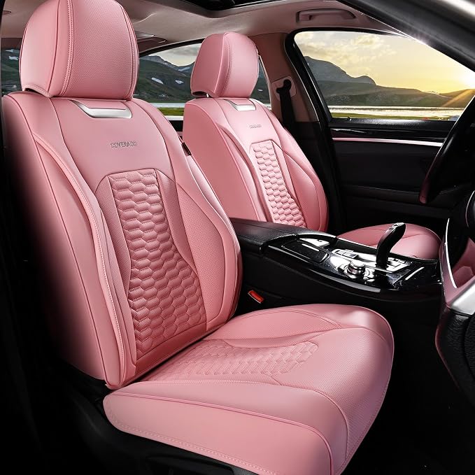 Coverado Front Car Seat Covers, Premium Nappa Leather Waterproof Front Seat Protectors, Universal Automotive Seat Covers Compatible with Most Vehicles (Pink) by COVERADOAUTO