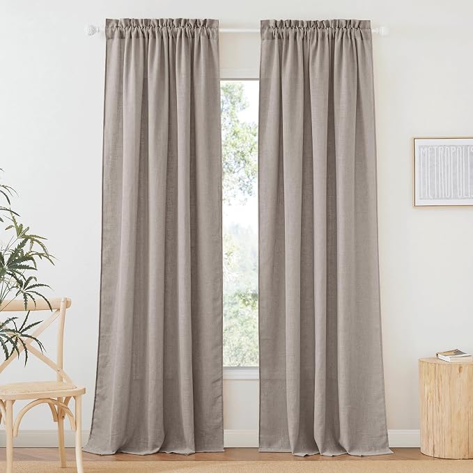 RYB HOME Privacy Sheer Curtains for Living Room, Linen Textured Semi Sheer for Bedroom Window Treatment Panels Light Glare Filtering, Birch Brown, Width 52 x Length 90 per Panel, 1 Pair by RYBHOME