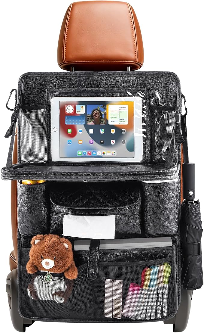 Car Backseat Storage Organizer, 11 PU Leather Pockets & Foldable Table Try | Rosynee Black Kick Mats Back Seat Protector and Cup Holder, Travel Accessories Universal Use Seat Covers with Tablet Holder - Image 7