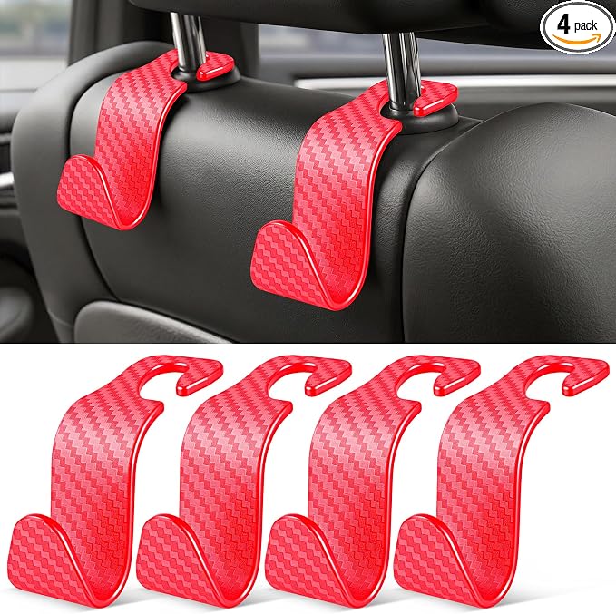 SINGARO Universal 4 Pack Car Seat Headrest Purse Hook, Carbon Fiber Back Seat Hook Storage Organizer Hanger for Purse Handbag Coat, Car Interior Accessories(Red) by SINGARO