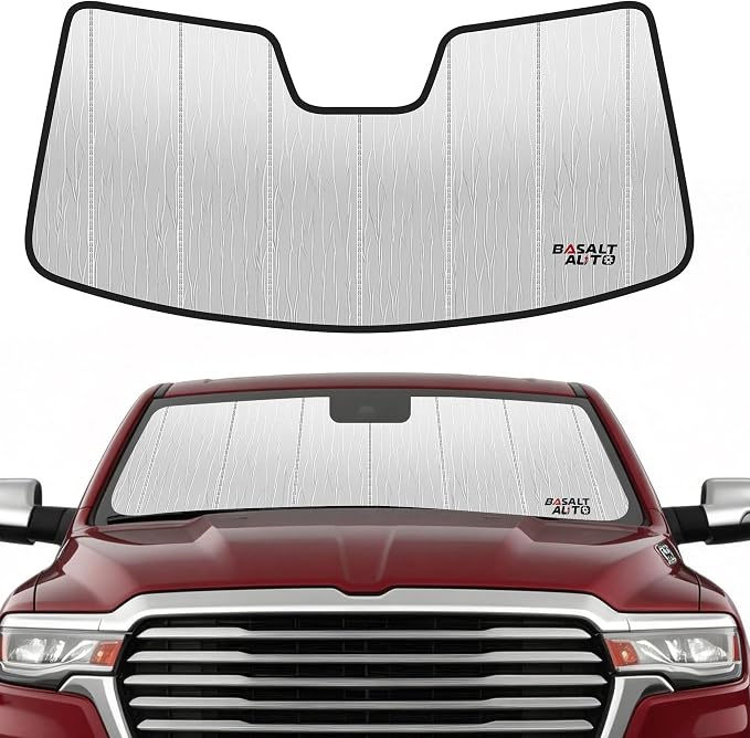 Windshield Sun Shade Compatible for 2019-2025 Ram 1500 10 inch Wide Sensor Silver Reflective Foldable Front Sun Visor Sunshade Protector with Storage Bag Keep Interior Cool by BasaltAuto
