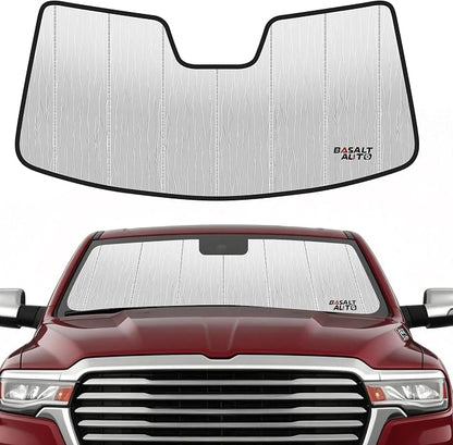 Windshield Sun Shade Compatible for 2019-2025 Ram 1500 10 inch Wide Sensor Silver Reflective Foldable Front Sun Visor Sunshade Protector with Storage Bag Keep Interior Cool by BasaltAuto