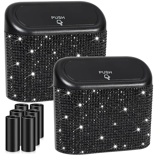 Accmor 2 Pack Bling Car Trash Can with Lid, Small Garbage Can, Auto Garbage Storage Bin with 90pcs Garbage Bags, Sparkling Crystal Trash Bags Holder for Car, Home, Office Storage (Black Rhinestone) by Accmor