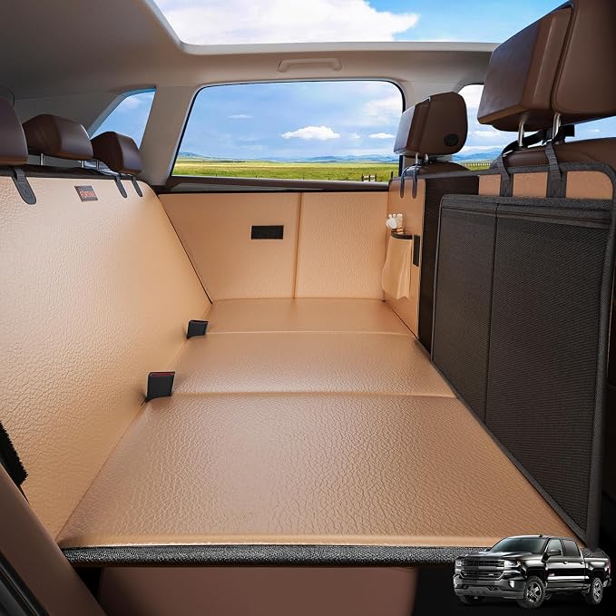 FURTIME XL Back Seat Extender for Dogs, Hard Bottom Seat Cover for Truck | Upgraded PU Leather Waterproof Anti-Scratch, 400LBS Supports, Large Space Dog Car Seat Cover for Full Size Truck SUV, Brown by FURTIME
