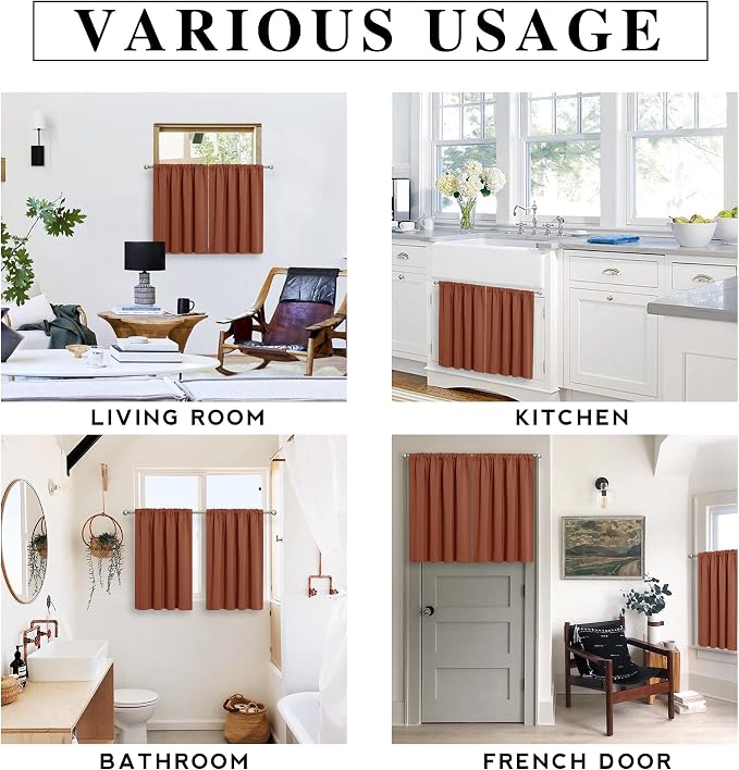 RYB HOME Blackout French Door Window Curtain Coverings, Rod Pocket | Thermal Insulated,Privacy Protection,Non See Through,Drapes for Small Window Bathroom Kitchen,W29 x L45,Burnt Orange,2 Panels - Image 6