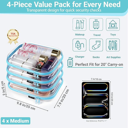 YQBRAO Clear Hard Shell Zipper Cases, 4 Medium Makeup Organizers, Blue | Rigid 1.2 mm PET and YKK dual zippers for skincare, toiletries, chargers, notebooks and daily essentials - Image 4