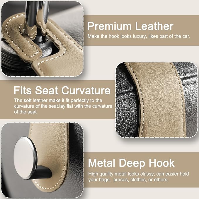 JESTOP Car Headrest Hooks 2 Pack Leather Car Seat Storage Hangers, Apricot | Stylish Leather & Alloy Car Seat Organizer Hooks for Purses Bags Handbag Coat Umbrellas, Car Inside Accessories, Up to 44lb - Image 3