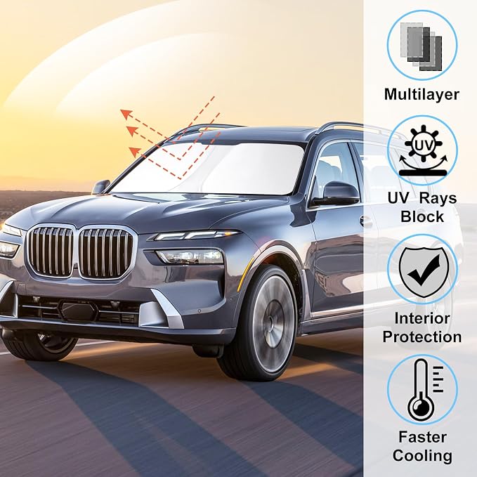 Windshield Sun Shade for 2021-2025 2026 BMW X7 3.0L xDrive40i | Full covered for windshield, Foldable & Durable, Block UV Rays, Reduce Heat, Easy to install, Keep Car Cooler - Image 2