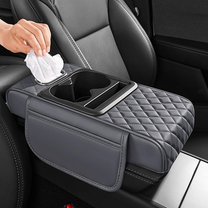 5 in 1 Nappa Leather Console Armrest Cover, Gray | Built-in cup holder, tissue slot, phone holder & 2 storage pockets, practical car accessories fit SUV sedan truck by AuraSettle