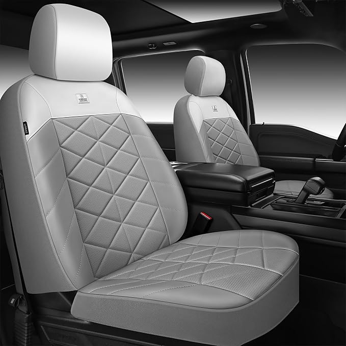 CAR PASS Memory Foam Leather Seat Covers Full Set, Breathable Perforated Nappa Leather Seat Covers Universal Fit for Most Cars,Sedans,SUV,Trucks Thick 3D Foam Comfortable, Airbag Compatible Gray White - Image 2