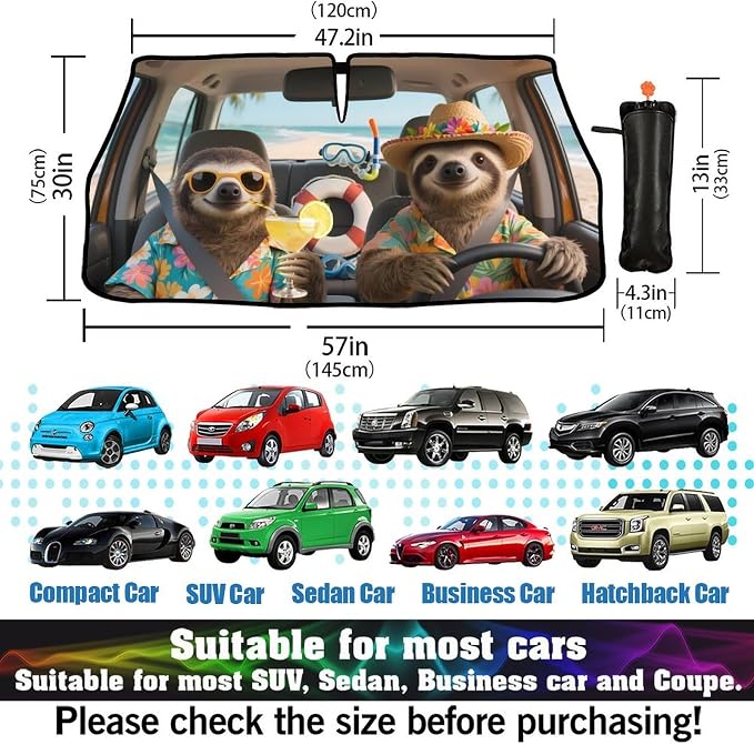 Funny Sloth Car Windshield Sun Shade Umbrella Bendable Handle Foldable Animal Print Sloth Sunshade for Car Windshield Block UV Rays Keep Vehicle Cool for Most Sedans SUV Trucks Cars 57"x30" - Image 6