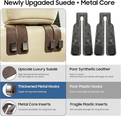 Amooca 2 Pack Car Headrest Hooks, Premium Suede with Metal Hook Car Seat Back Storage Hanger for Purses, Handbags，Grocery Bags - Brown - Image 3
