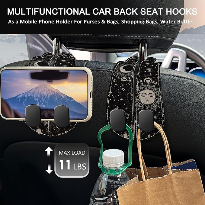 Blusabaca 2PCS Car Seat Headrest Hooks, Purses Bags Holder, Sun and Moon | PU Leather, Double Metal Back Storage Hangers for Grocery Bags Handbags Bottles Coats Phones, Car Accessories Organization - Image 3