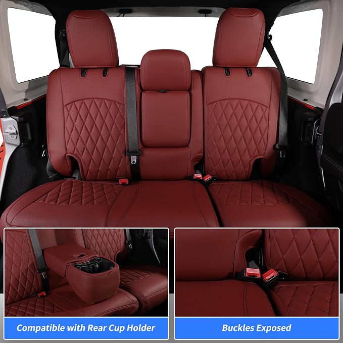Full Set Seat Covers for 2018-2023 Jeep Wrangler 4drs,Rear w/Armrest(Wine) | 1:1 Custom Fit,Factory Look,Easy Installation,Airbag Compatible,Waterproof Faux Leather & Easy to Clean,Pet Friendly - Image 4