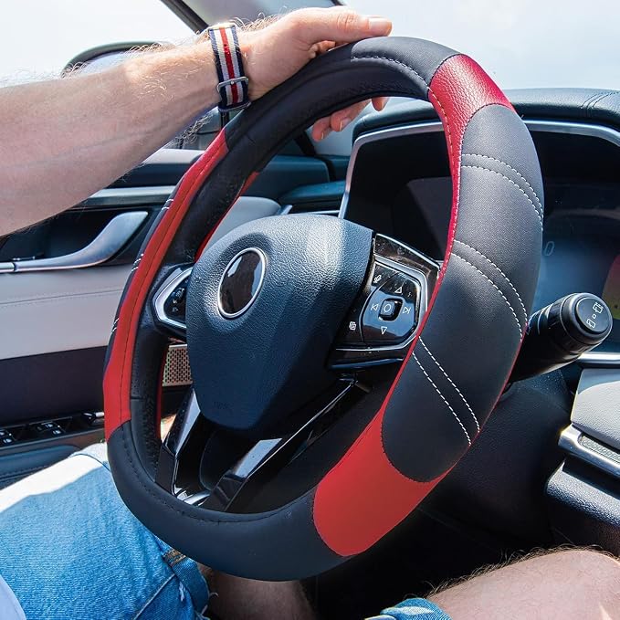 CAR PASS Line Rider Microfiber Leather Sporty Steering Wheel Cover Universal Fits for 95% Truck,SUV,Cars,14.5-15inch Anti-Slip Safety Comfortable Desgin (Black-Red) - Image 6