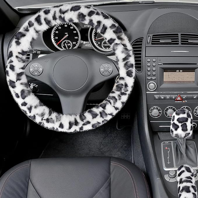 Accmor Fuzzy Car Steering Wheel Cover, Universal Fit Fur Auto Wheel Cover & Handbrake Cover & Gear Shift Cover Set, Leopard Winter Warm Fluffy Vehicle Wheel Protector Car Accessories for Men Women - Image 4