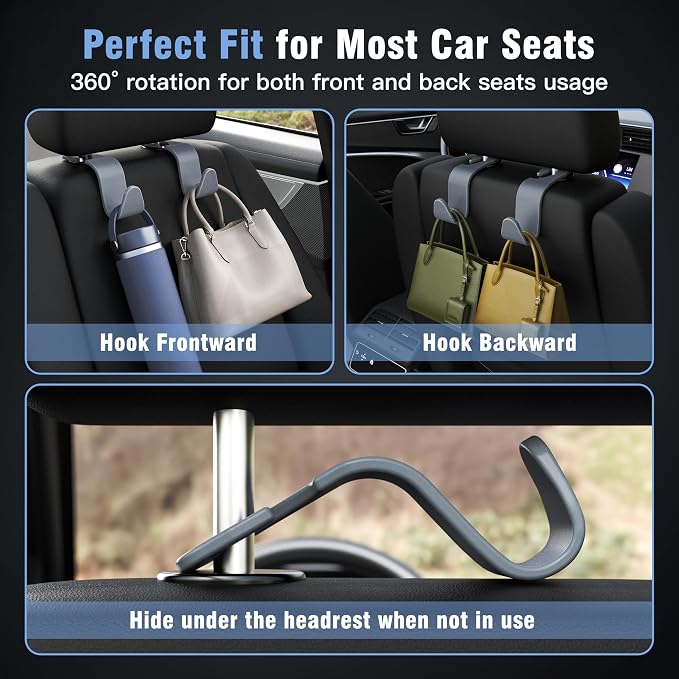 4-Pack Car Headrest Hooks Holds 55lbs Seat Storage Organizer for Bags | Durable ABS Material, 360° Rotating, Car Hanger for Backpack Umbrella Water Bottle Coat Purses Handbags Groceries, Grey - Image 4
